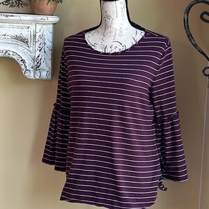 Burgundy Wine & White Stripe Bell Ruffle Sleeve Soft Tunic Van Heusen